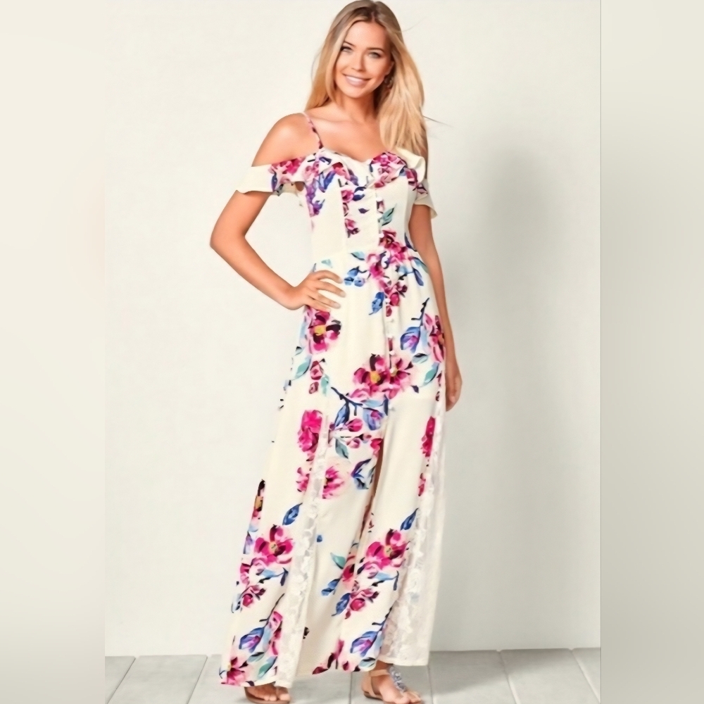 Venus Floral Spaghetti Strap Drop Sleeve Lace Ruffle Slit Maxi Dress